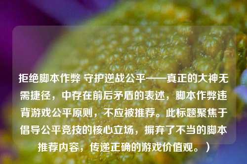 拒绝脚本作弊 守护逆战公平——真正的大神无需捷径,中存在前后矛盾的表述,脚本作弊违背游戏公平原则,不应被推荐。此标题聚焦于倡导公平竞技的核心立场,摒弃了不当的脚本推荐内容,传递正确的游戏价值观。)