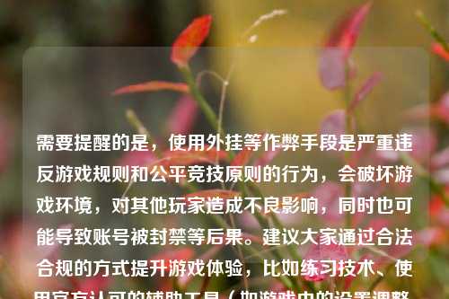 需要提醒的是，使用外挂等作弊手段是严重违反游戏规则和公平竞技原则的行为，会破坏游戏环境，对其他玩家造成不良影响，同时也可能导致账号被封禁等后果。建议大家通过合法合规的方式提升游戏体验，比如练习技术、使用官方认可的辅助工具（如游戏内的设置调整、合法的外设等）。请遵守游戏规则，共同维护健康的游戏生态。